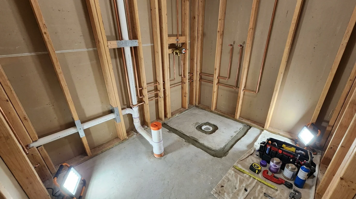 Bathroom rough-in plumbing during remodel by Johns Plumbing LLC in Cedar Grove