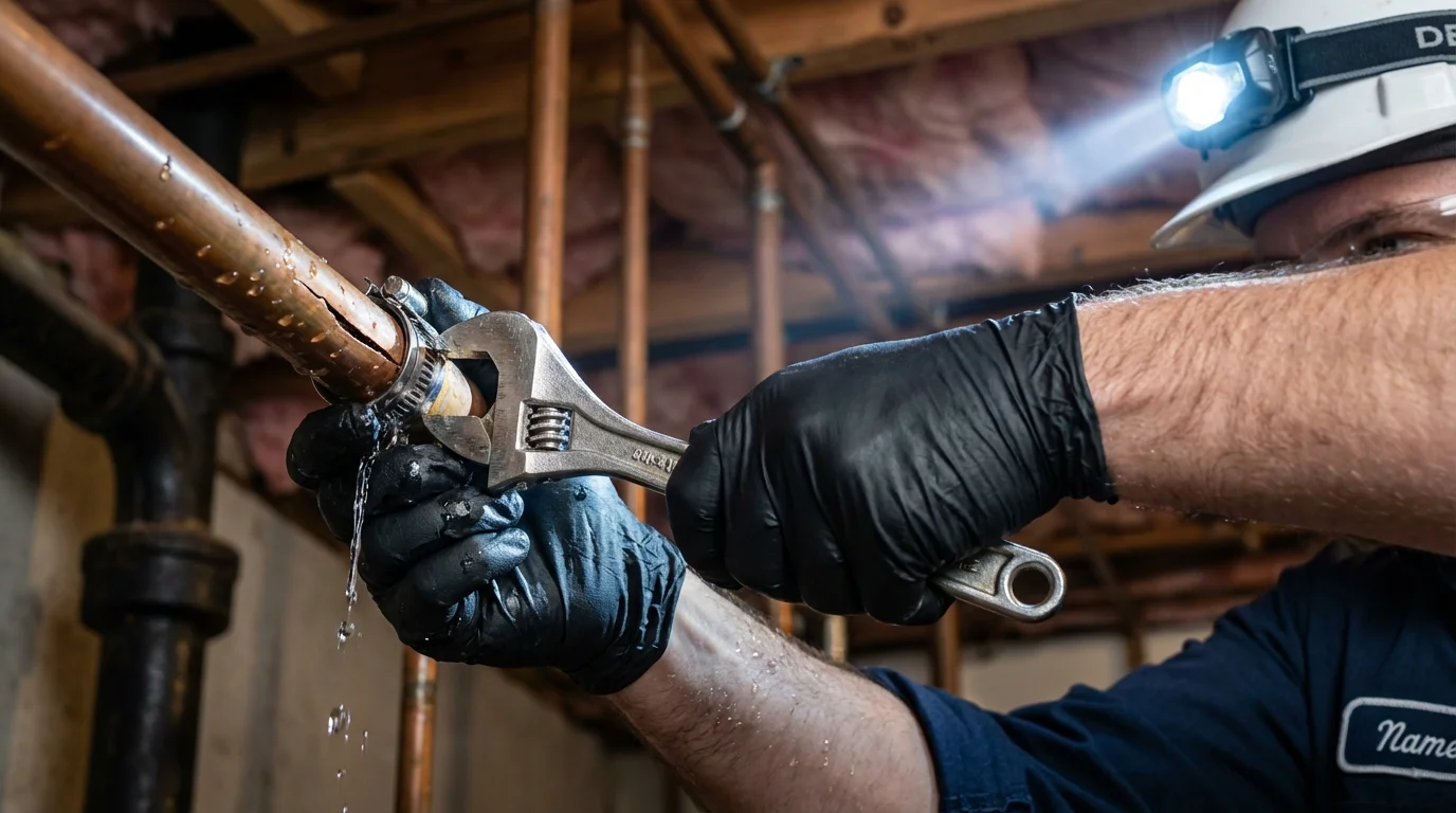 Emergency pipe clamp repair being performed by a Johns Plumbing LLC plumber in Cedar Grove