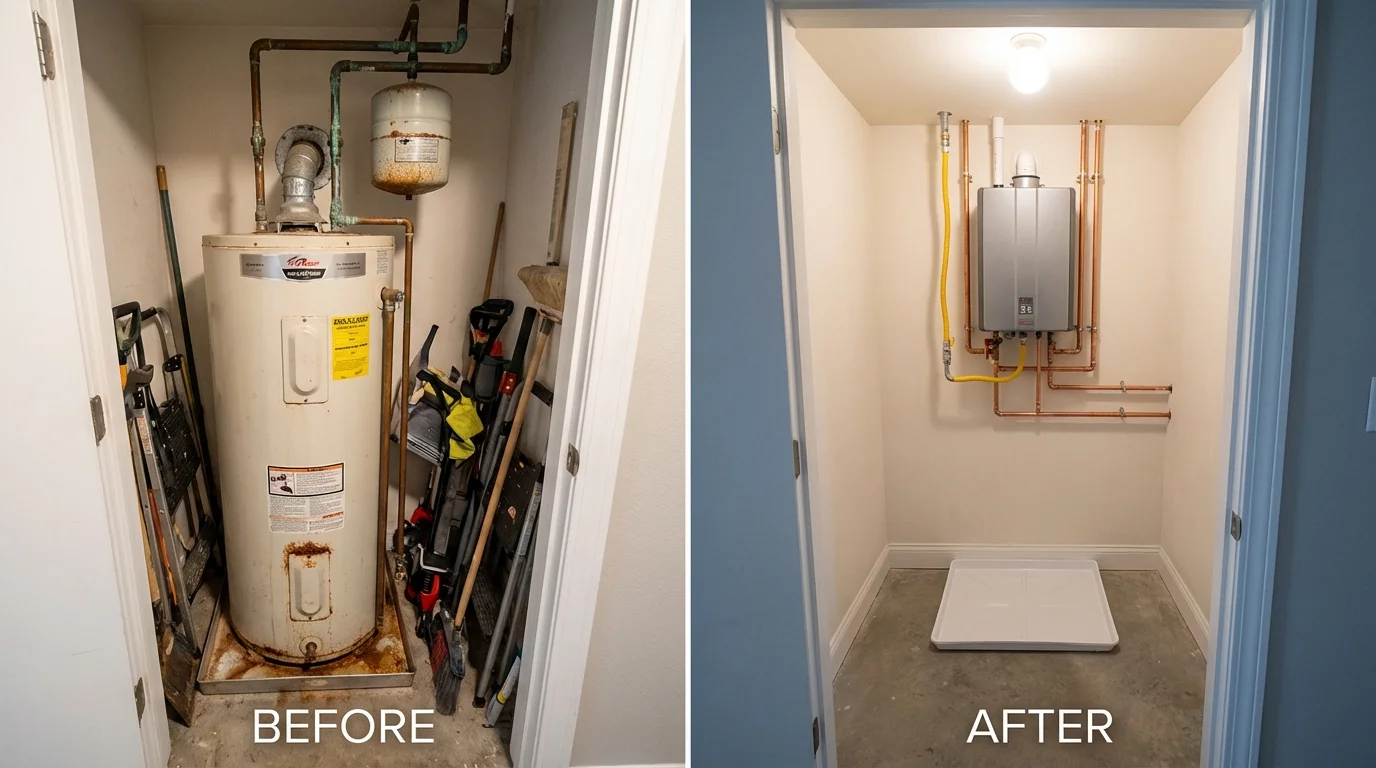 Tank water heater versus wall-mounted tankless unit comparison for Cedar Grove, WI homeowners
