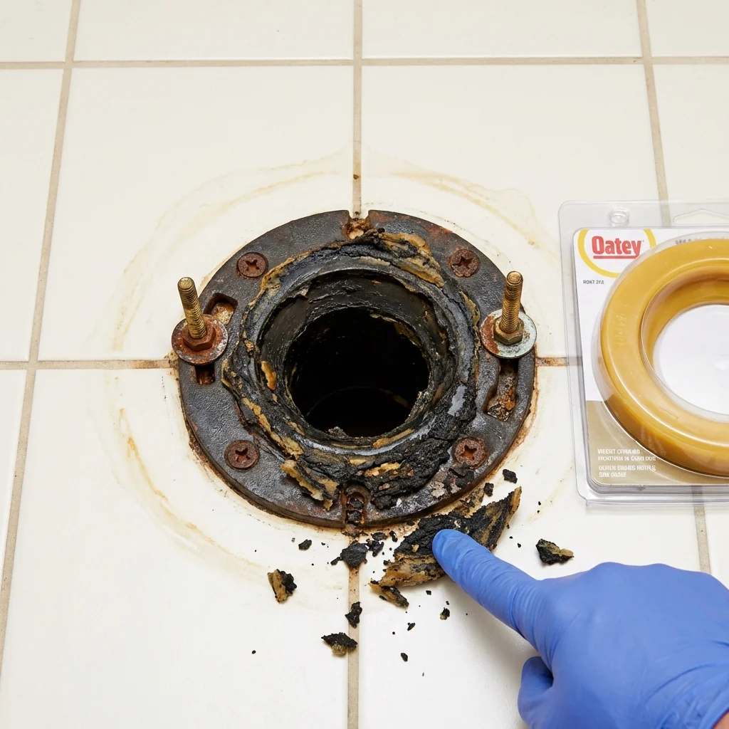 Failed wax ring showing water seepage at the base of a toilet in a Cedar Grove, WI home