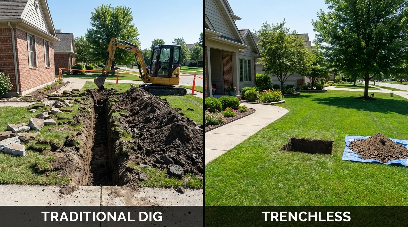 Trenchless sewer repair with minimal yard damage versus traditional excavation in Cedar Grove, WI