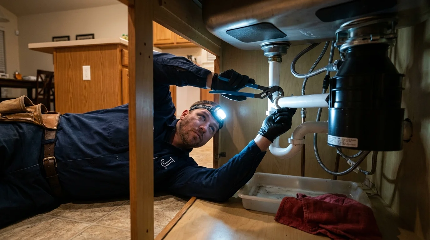 P-trap and supply line connections under a kitchen sink showing a common leak point in Cedar Grove, WI